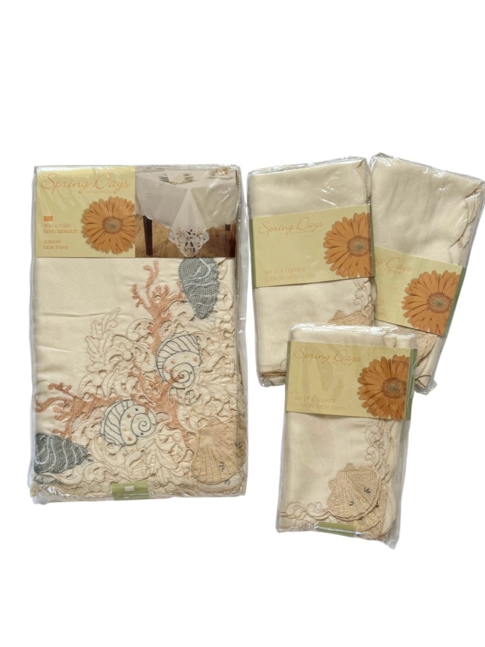 Spring Days Newbridge Light Tan Coastal Seashell Cutwork Tablecloth & Napkin Set